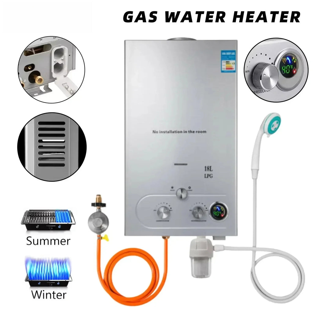 SIHAO 6-18L Instant Propane Tankless Water Heater – 16-36kW Gas System with Smart Dual Mode, Digital LED Display & Full Shower Kit for RV Camping Home Use