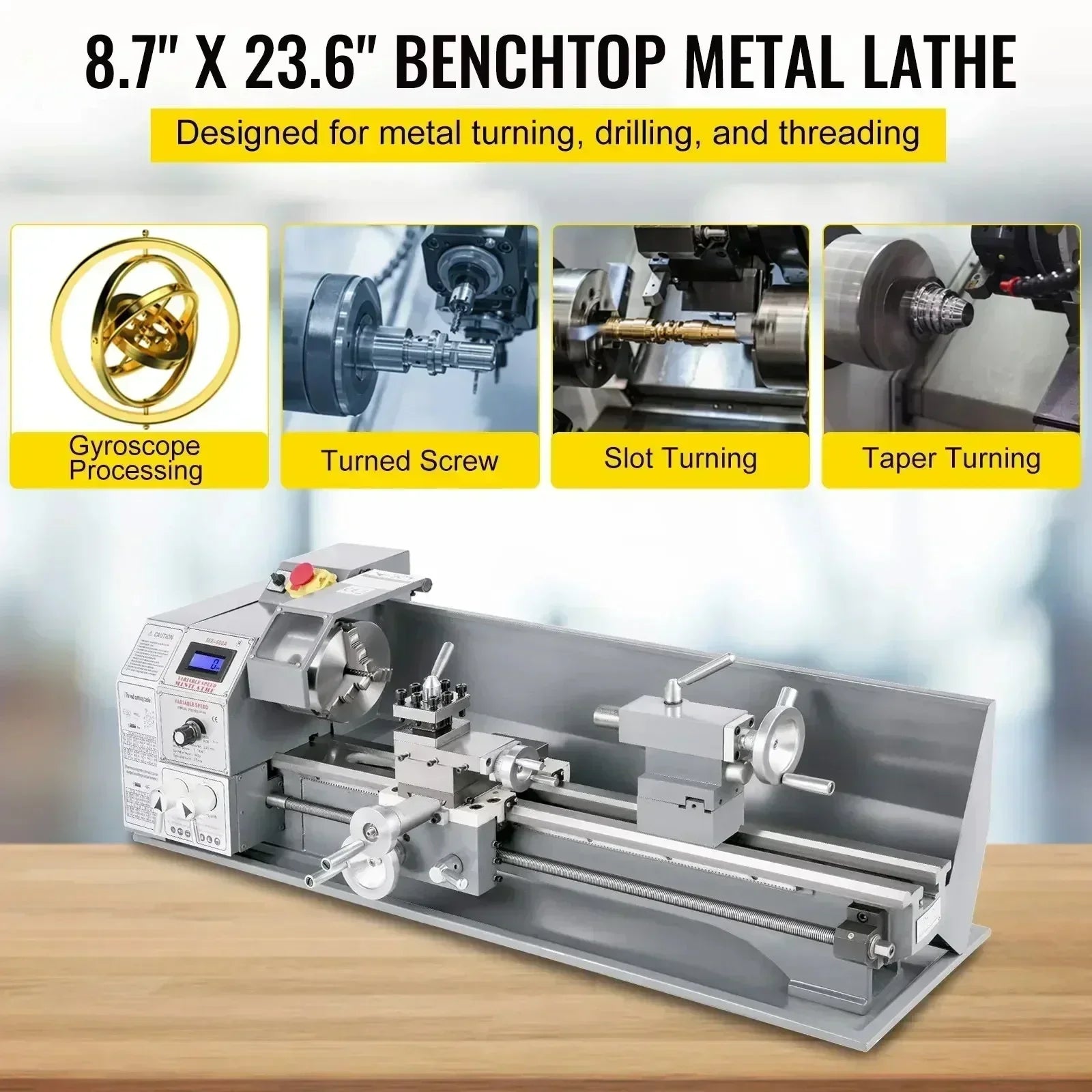 SIHAO 1100W Mini Metal Lathe – 220mm Swing X 600mm Between Centers, Variable Speed, 3-Jaw Chuck, Precision Benchtop Lathe for Drilling & Threading