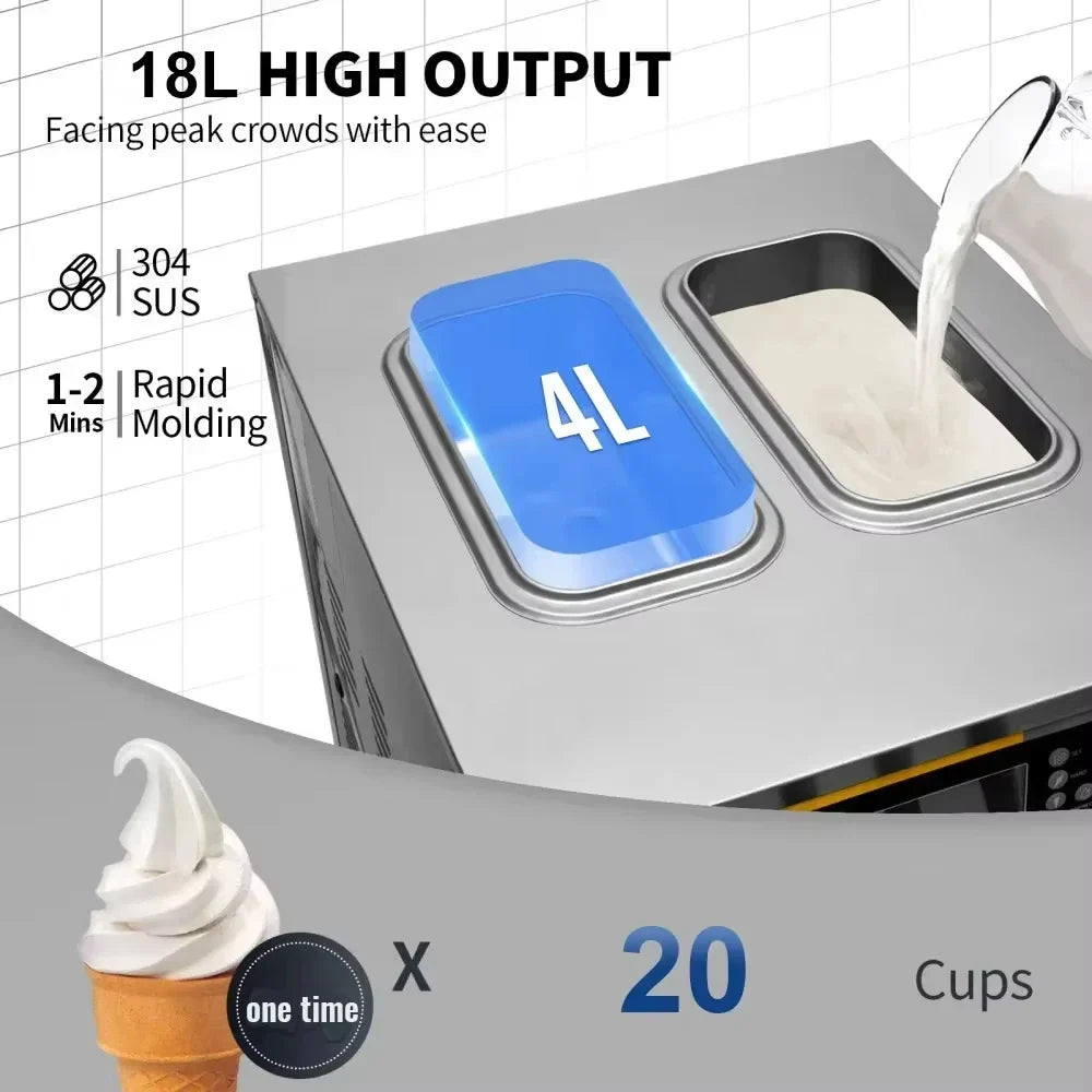 SIHAO Commercial Soft Serve Ice Cream Machine - Pre-Cooling System, 18L/H Portable High Capacity for Food Trucks & Dessert Shops