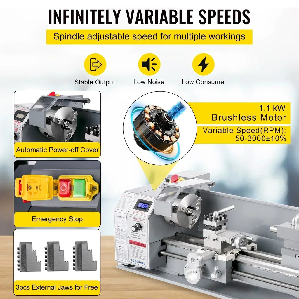 SIHAO 750W Metal Lathe – 220mm Swing x 750mm Between Centers, Variable Speed, LED Display & Brushless Motor, for Metric/Imperial Threading