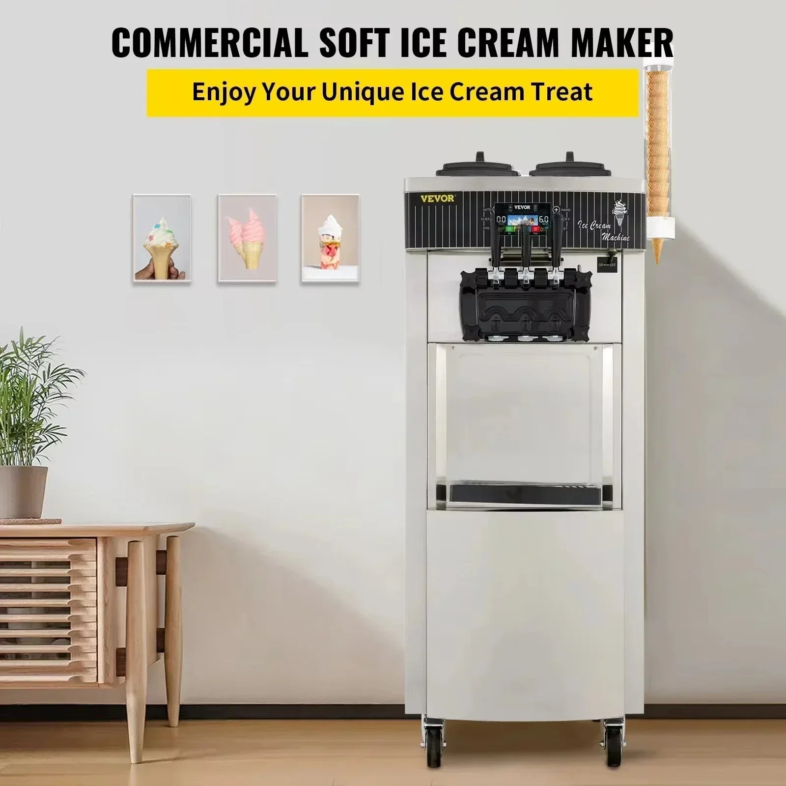 SIHAO Commercial Soft Serve Ice Cream Machine 2200W 20-28L/H - Dual 6L Hoppers for 2 Flavors, Dessert Shops & Bubble Tea Stores