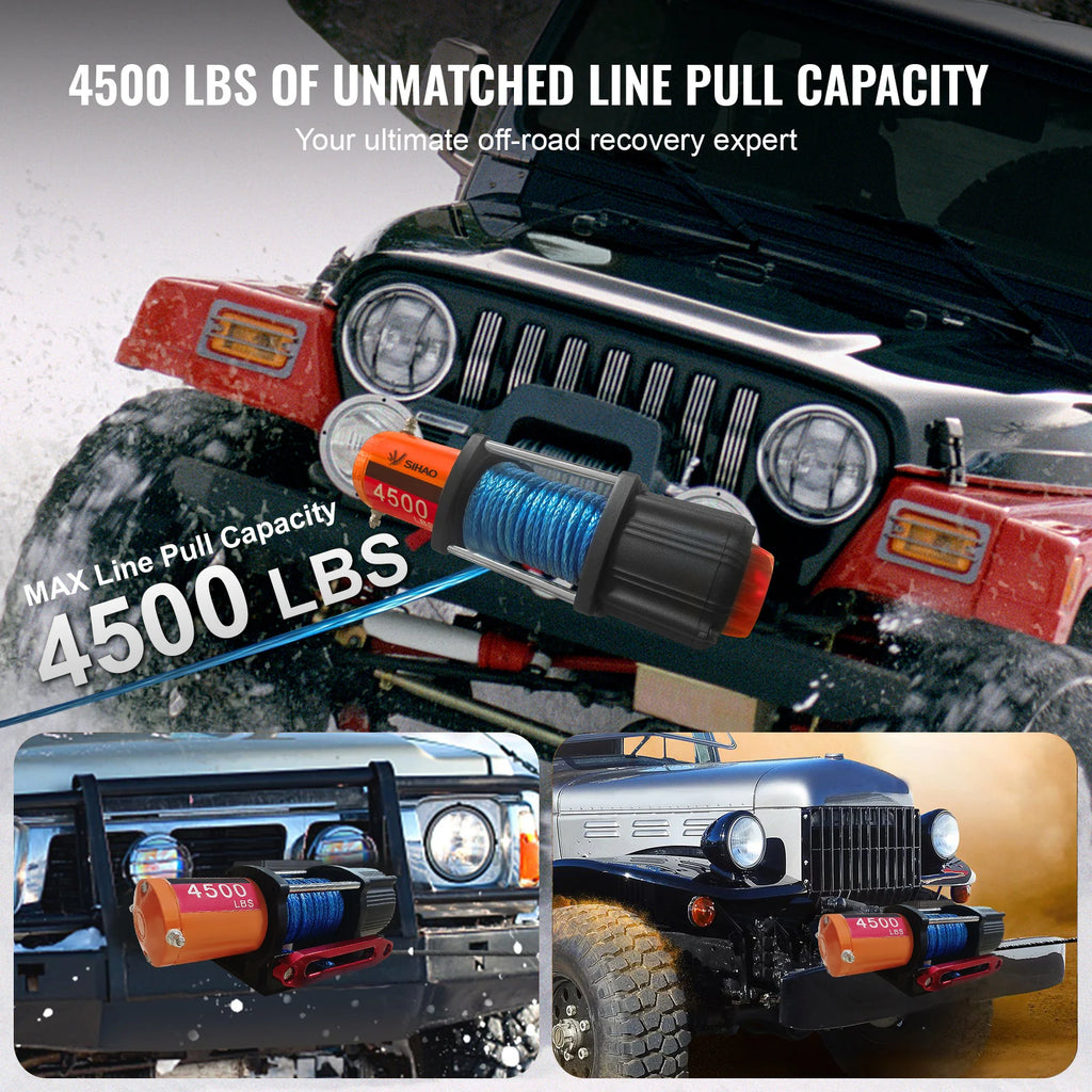 SIHAO 4500/3500/3000LBS 12V Electric Winch for ATV/UTV/Jeeps - Synthetic Rope, Wireless & Wired Remote IP55 Waterproof Off-Road