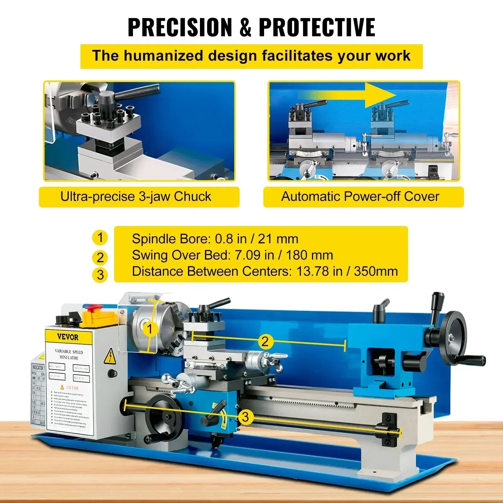 SIHAO Metal Mini Lathe Machine Mini Metal Lathe 7"x14" 550W 180x350mm Variable Speed with 3 Jaw Chuck for Metalworking Machine