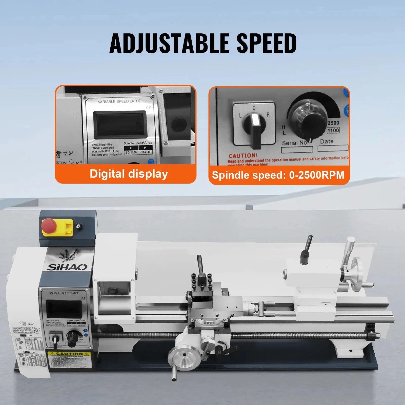 SIHAO 1500W Mini Metal Lathe 220x500mm, 9x20" Bench Table Top Lathe, 3-Jaw Chuck 100mm, MT5 MT2, 0-2500RPM Stepless Speed, Digital Display, Imperial Metric Thread 12-52TPI 0.5-2.5mm, Spindle Accuracy 0.01-0.02mm, for Precision Metal Turning Processing
