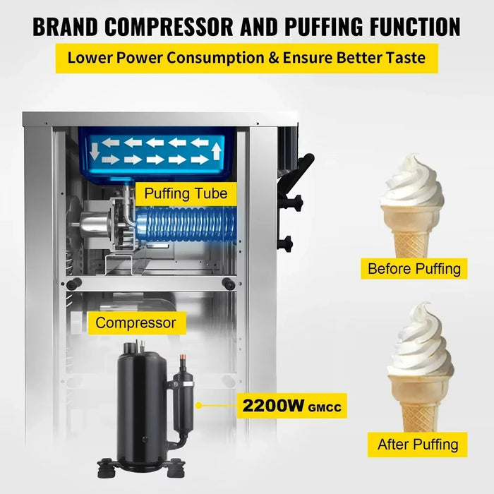 VEVOR Commercial Soft Serve Ice Cream Machine 2200W 20-28L/H - Dual 6L Hoppers for 2 Flavors, Dessert Shops & Bubble Tea Stores