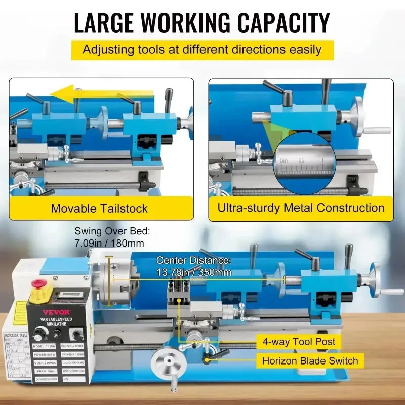 SIHAO 7" X 14" Mini Metal Lathe 550W – Variable Speed Up To 2250RPM, Precision Benchtop Lathe for DIY Model Making & Hobbyists