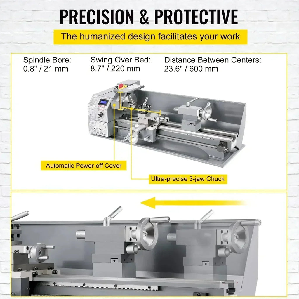 SIHAO 1100W Mini Metal Lathe – 220mm Swing X 600mm Between Centers, Variable Speed, 3-Jaw Chuck, Precision Benchtop Lathe for Drilling & Threading