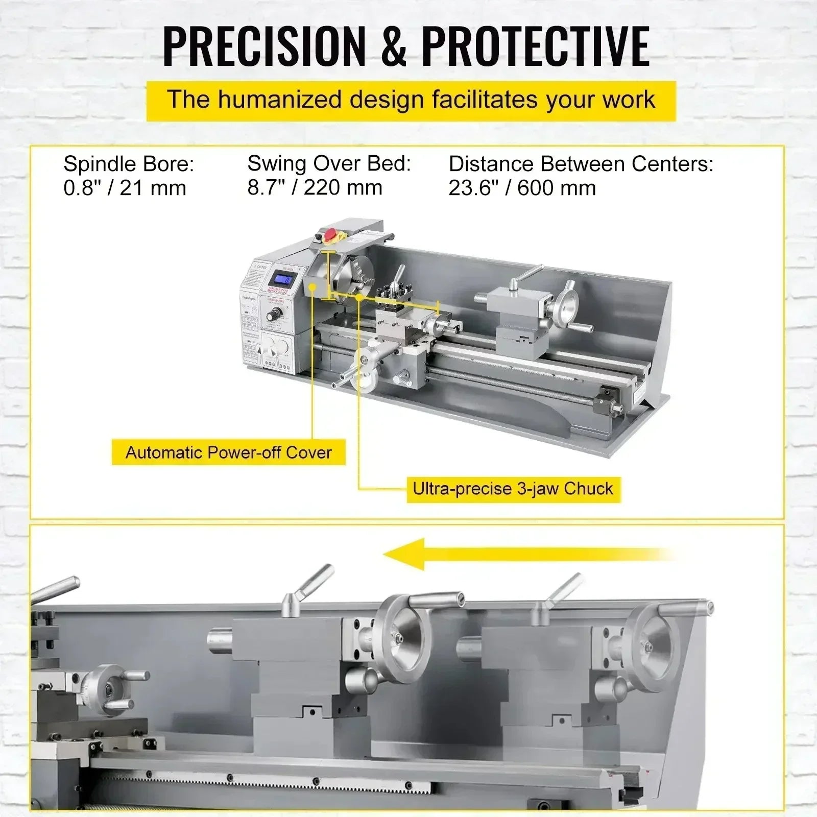 SIHAO 1100W Mini Metal Lathe – 220mm Swing X 600mm Between Centers, Variable Speed, 3-Jaw Chuck, Precision Benchtop Lathe for Drilling & Threading