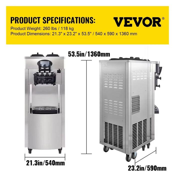 VEVOR Commercial Soft Serve Ice Cream Machine 2200W 20-28L/H - Dual 6L Hoppers for 2 Flavors, Dessert Shops & Bubble Tea Stores