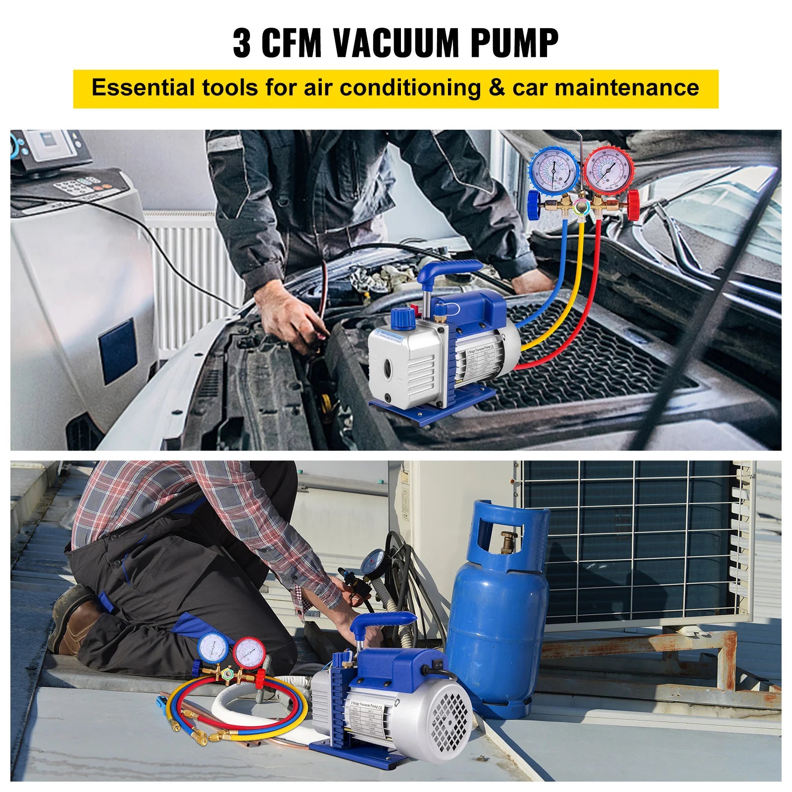 SIHAO Professional HVAC Vacuum Pump & Manifold Gauge Set — 25 Micron Deep Vacuum for  HVAC/Car AC Refrigerant Charging