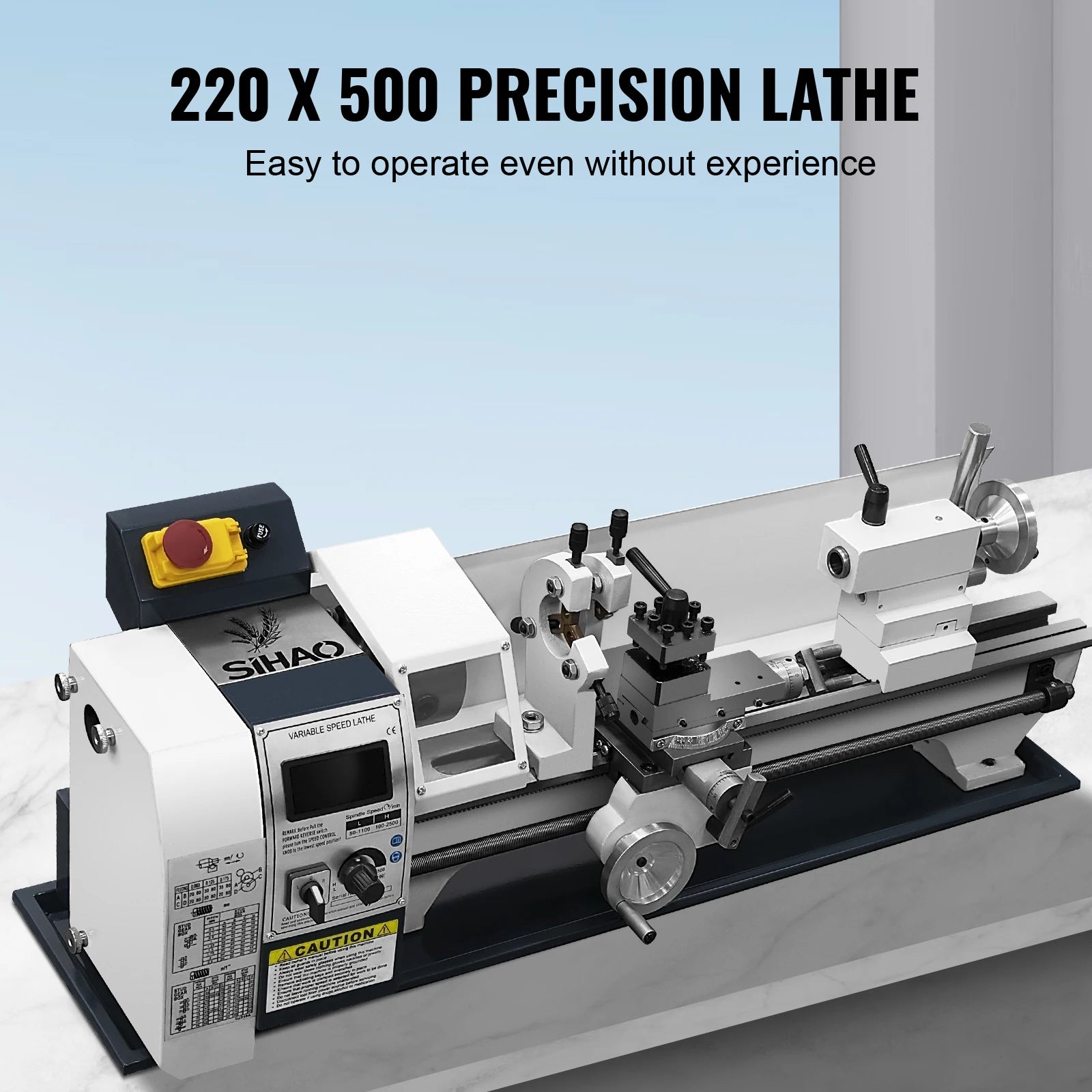 SIHAO 1500W Mini Metal Lathe 220x500mm, 9x20" Bench Table Top Lathe, 3-Jaw Chuck 100mm, MT5 MT2, 0-2500RPM Stepless Speed, Digital Display, Imperial Metric Thread 12-52TPI 0.5-2.5mm, Spindle Accuracy 0.01-0.02mm, for Precision Metal Turning Processing