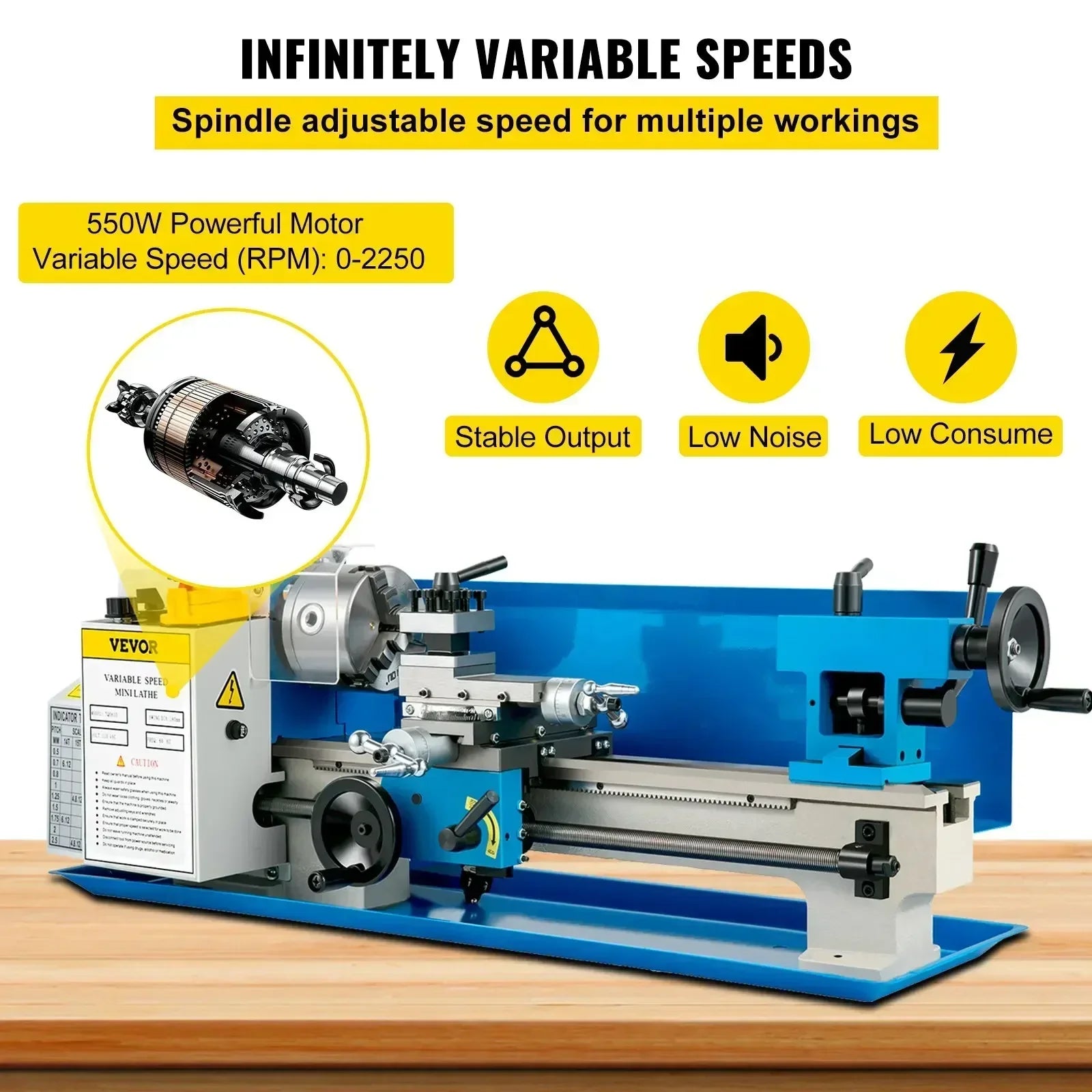 SIHAO Metal Mini Lathe Machine Mini Metal Lathe 7"x14" 550W 180x350mm Variable Speed with 3 Jaw Chuck for Metalworking Machine
