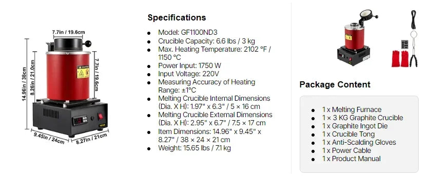 SIHAO 1350W Electric Melting Furnace Portable Metal Melting Furnace Gold Silver and Aluminium Quartz Crucible Equipment Melting