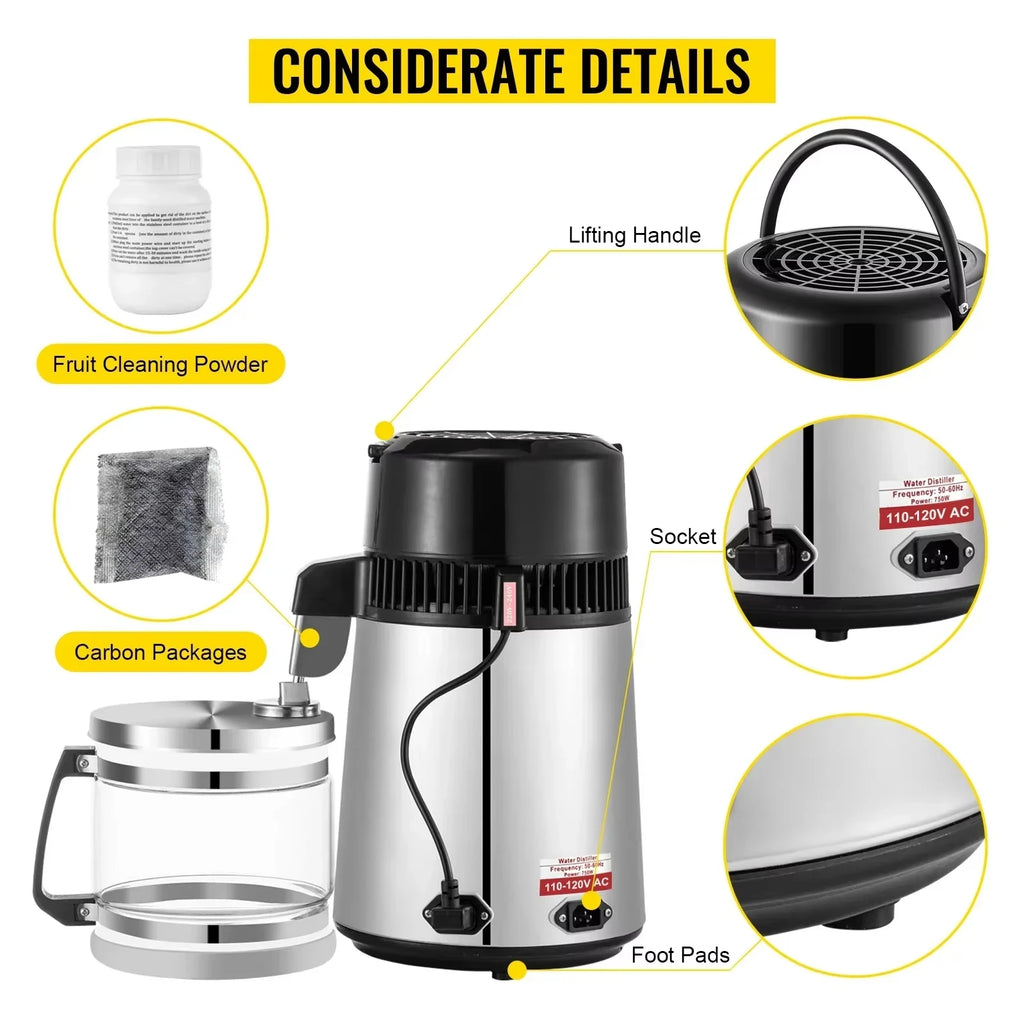 SIHAO 4L 750W Countertop Water Distiller – Stainless Steel, Adjustable Thermostat for Essential Oils & Homebrewing