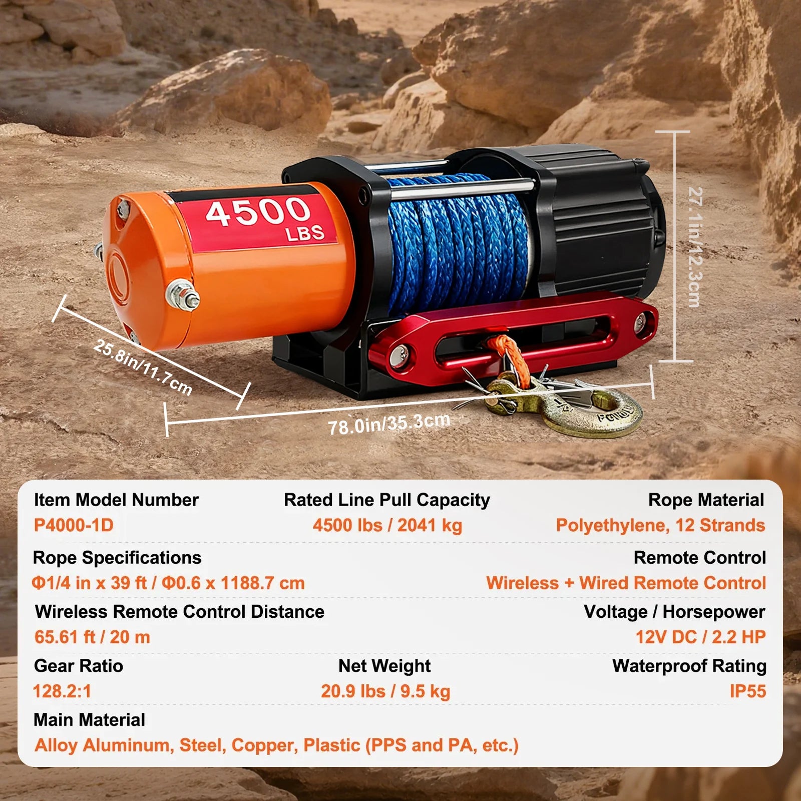 SIHAO 4500/3500/3000LBS 12V Electric Winch for ATV/UTV/Jeeps - Synthetic Rope, Wireless & Wired Remote IP55 Waterproof Off-Road