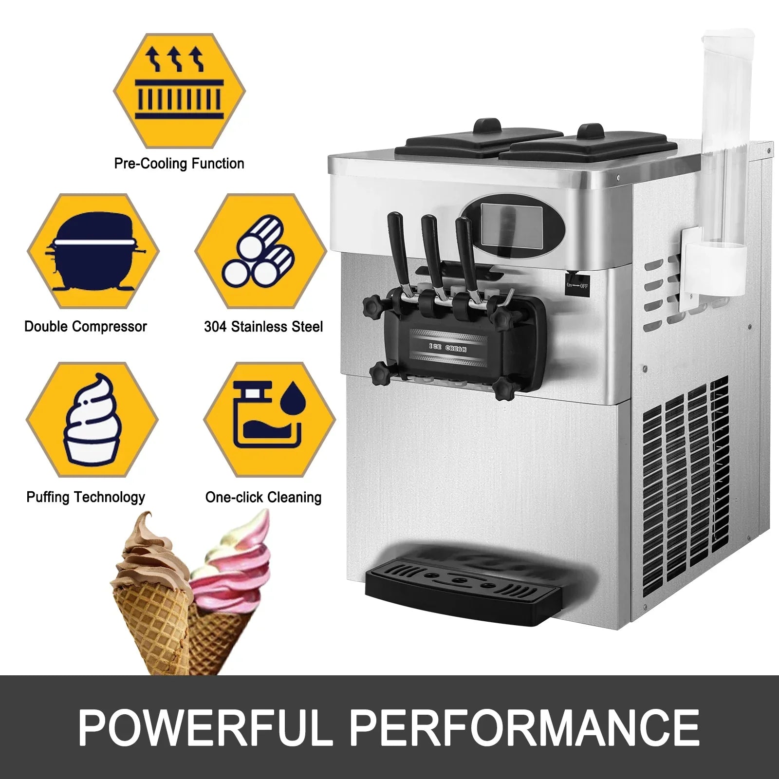 SIHAO 20-28L/H Soft Ice Cream Maker Commercial Countertop Tricolor 2+1 Flavors Sweet Cones Freezing Equipment Vending Machine
