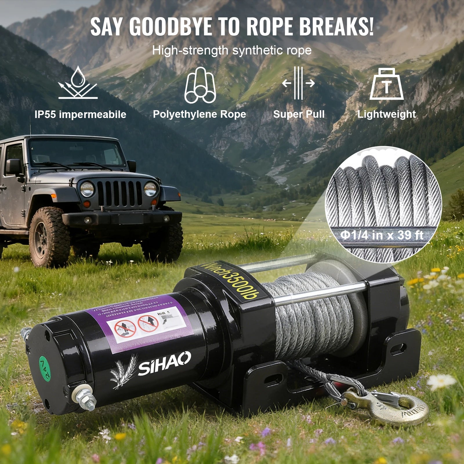 SIHAO 4500/3500/3000LBS 12V Electric Winch for ATV/UTV/Jeeps - Synthetic Rope, Wireless & Wired Remote IP55 Waterproof Off-Road