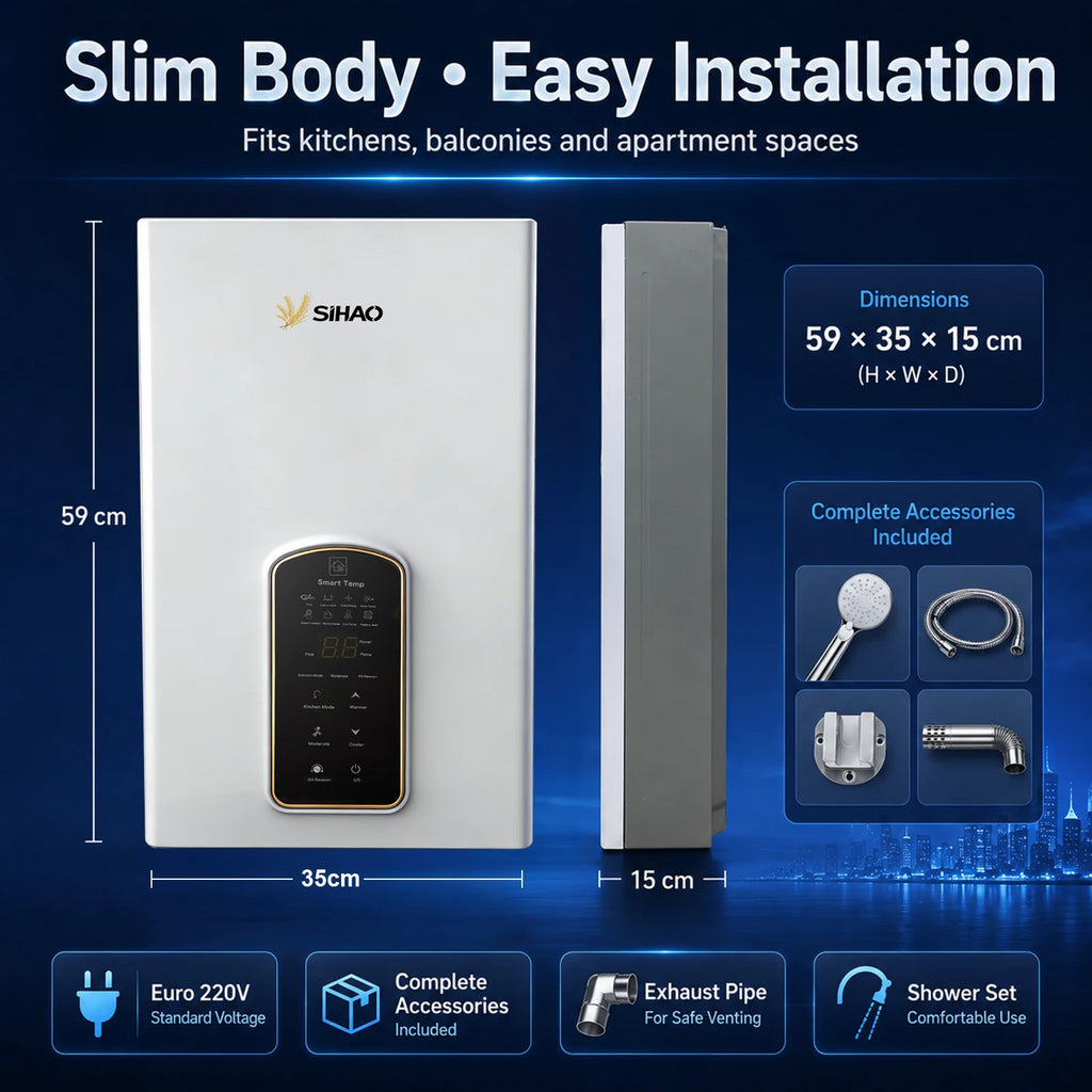 SIHAO 10L 12L 14L Natural Gas Water Heater Forced Exhaust 0.02-1.0MPa Working Pressure AC90-250V 60mm Flue Diameter All Copper Heat Exchanger Touch Control Instant Tankless Hot Water Heater for Home Use