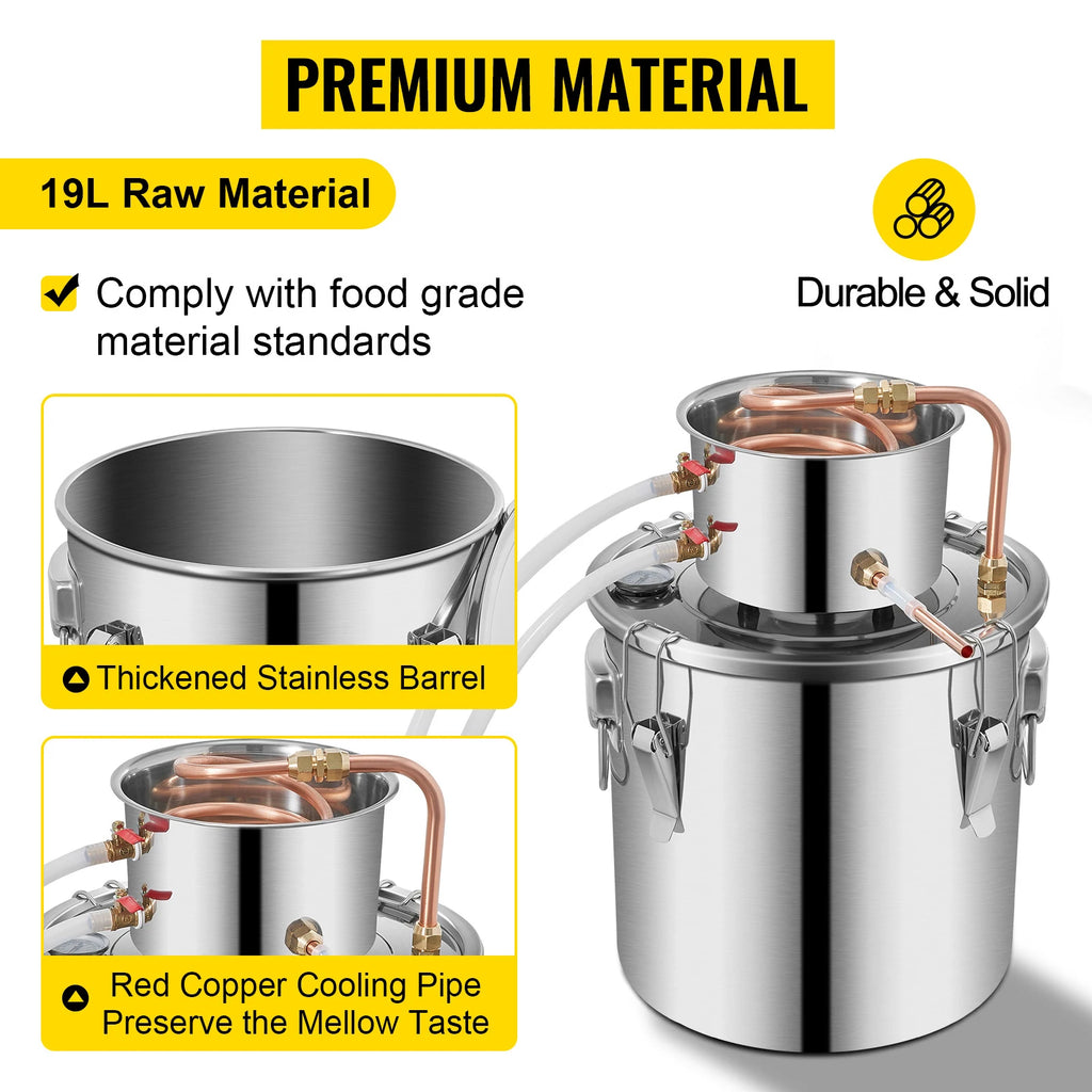 SIHAO 5 Gallon Distiller Kit – Stainless Steel & Copper Moonshine Alcohol Still, Water/Wine/Essential Oil Brewer with Pump, for Home DIY