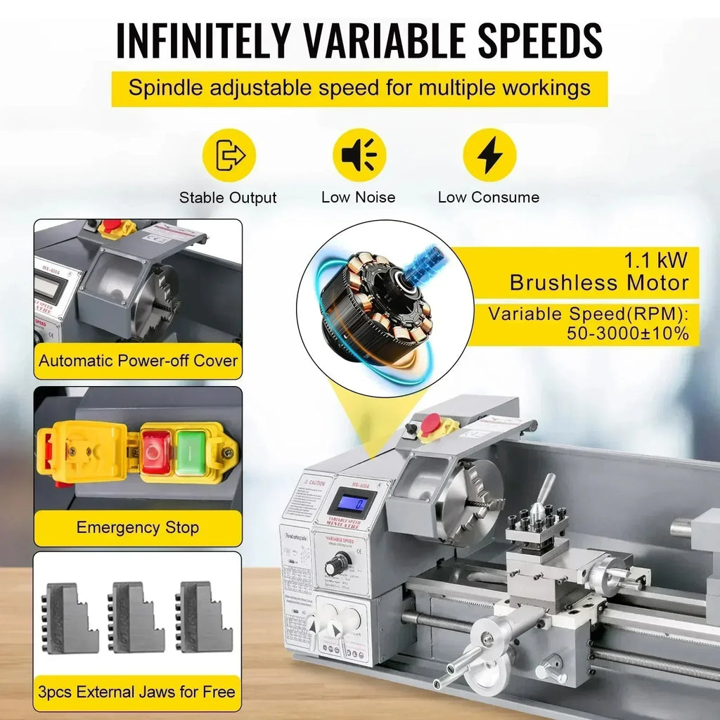 SIHAO 1100W Mini Metal Lathe – 220mm Swing X 600mm Between Centers, Variable Speed, 3-Jaw Chuck, Precision Benchtop Lathe for Drilling & Threading