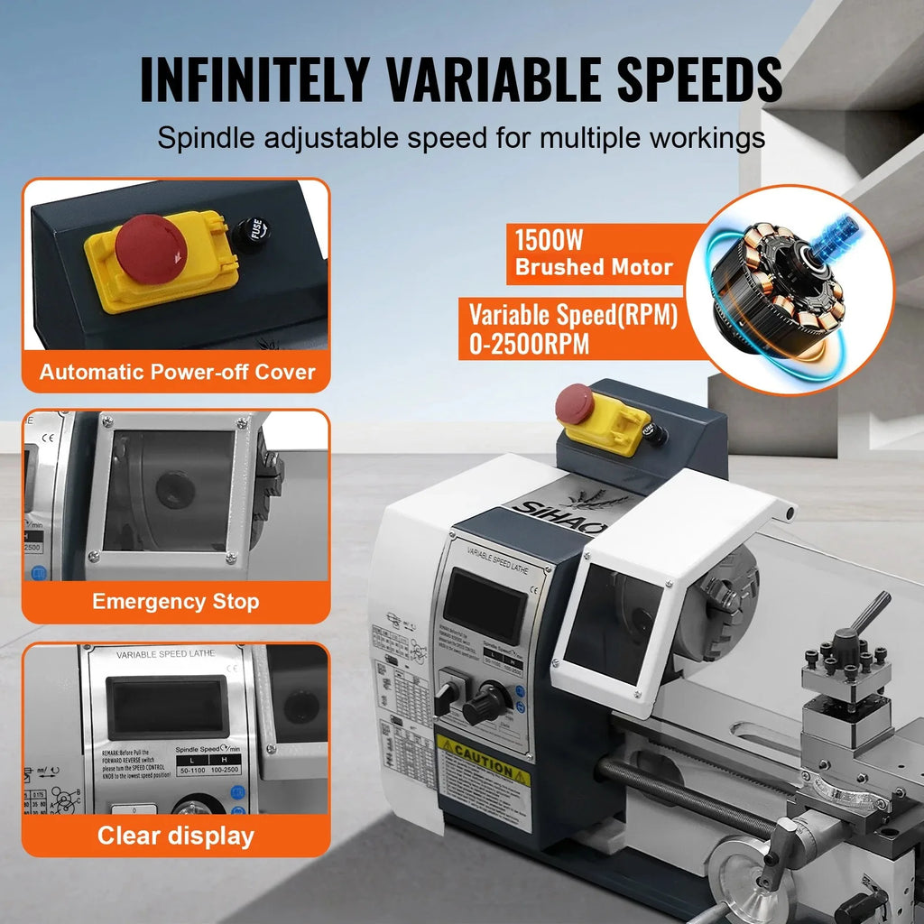 SIHAO 1500W Mini Metal Lathe 220x500mm, 9x20" Bench Table Top Lathe, 3-Jaw Chuck 100mm, MT5 MT2, 0-2500RPM Stepless Speed, Digital Display, Imperial Metric Thread 12-52TPI 0.5-2.5mm, Spindle Accuracy 0.01-0.02mm, for Precision Metal Turning Processing