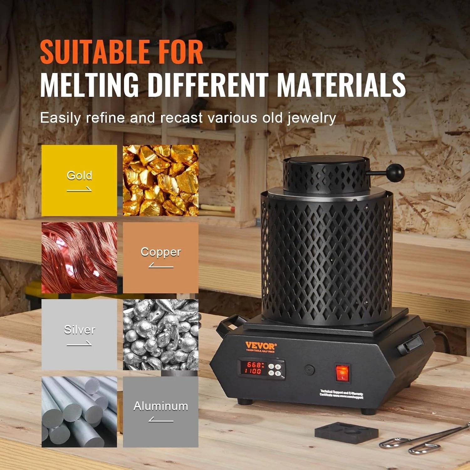 SIHAO 1350W Electric Melting Furnace Portable Metal Melting Furnace Gold Silver and Aluminium Quartz Crucible Equipment Melting