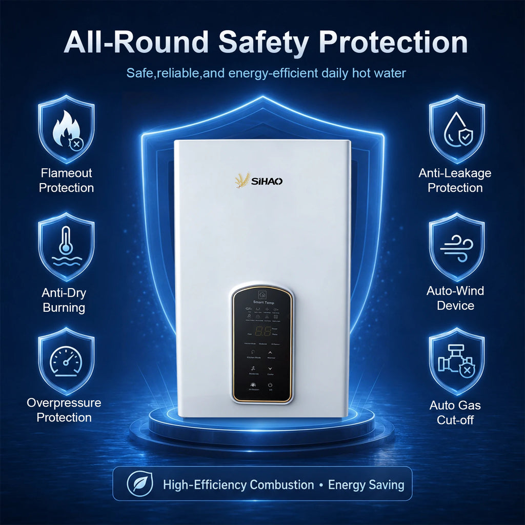 SIHAO 10L 12L 14L Natural Gas Water Heater Forced Exhaust 0.02-1.0MPa Working Pressure AC90-250V 60mm Flue Diameter All Copper Heat Exchanger Touch Control Instant Tankless Hot Water Heater for Home Use