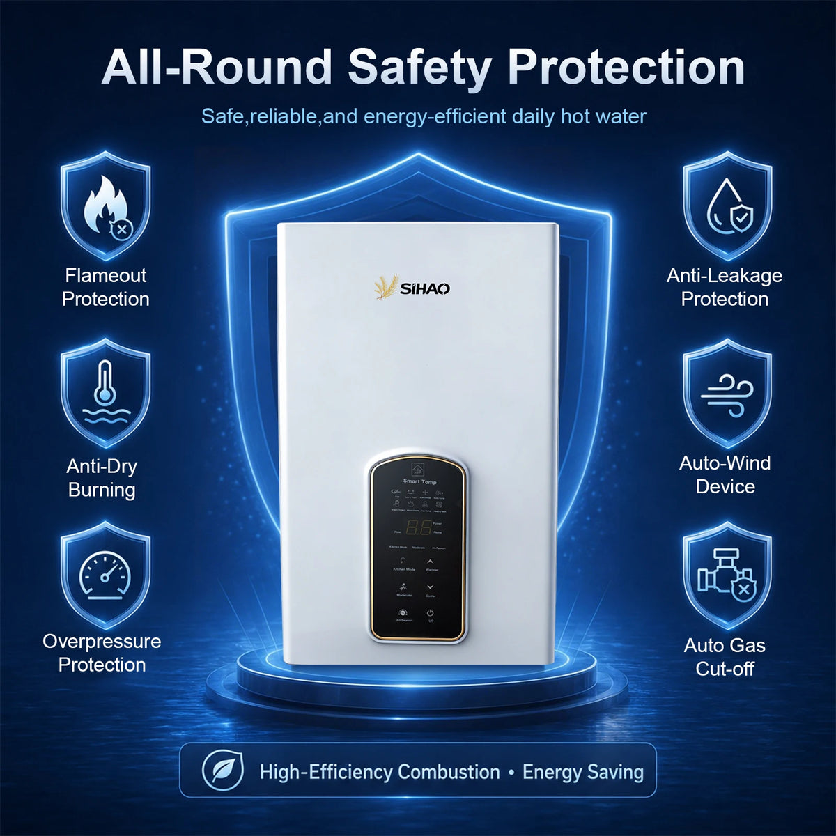 SIHAO 10L 12L 14L Natural Gas Water Heater Forced Exhaust 0.02-1.0MPa Working Pressure AC90-250V 60mm Flue Diameter All Copper Heat Exchanger Touch Control Instant Tankless Hot Water Heater for Home Use