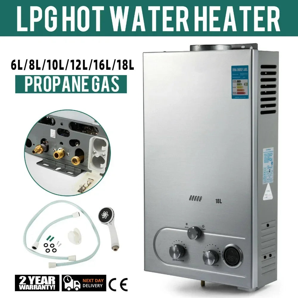 SIHAO 6-18L Instant Propane Tankless Water Heater – 16-36kW Gas System with Smart Dual Mode, Digital LED Display & Full Shower Kit for RV Camping Home Use
