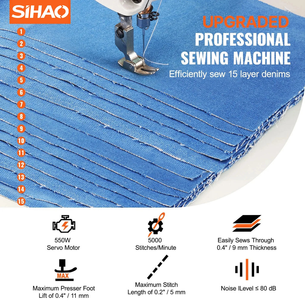 SIHAO 550W Industrial Sewing Machine – Digital Servo Lockstitch, 5000SPM, for Leather & Canvas, with Worktable & Control Panel