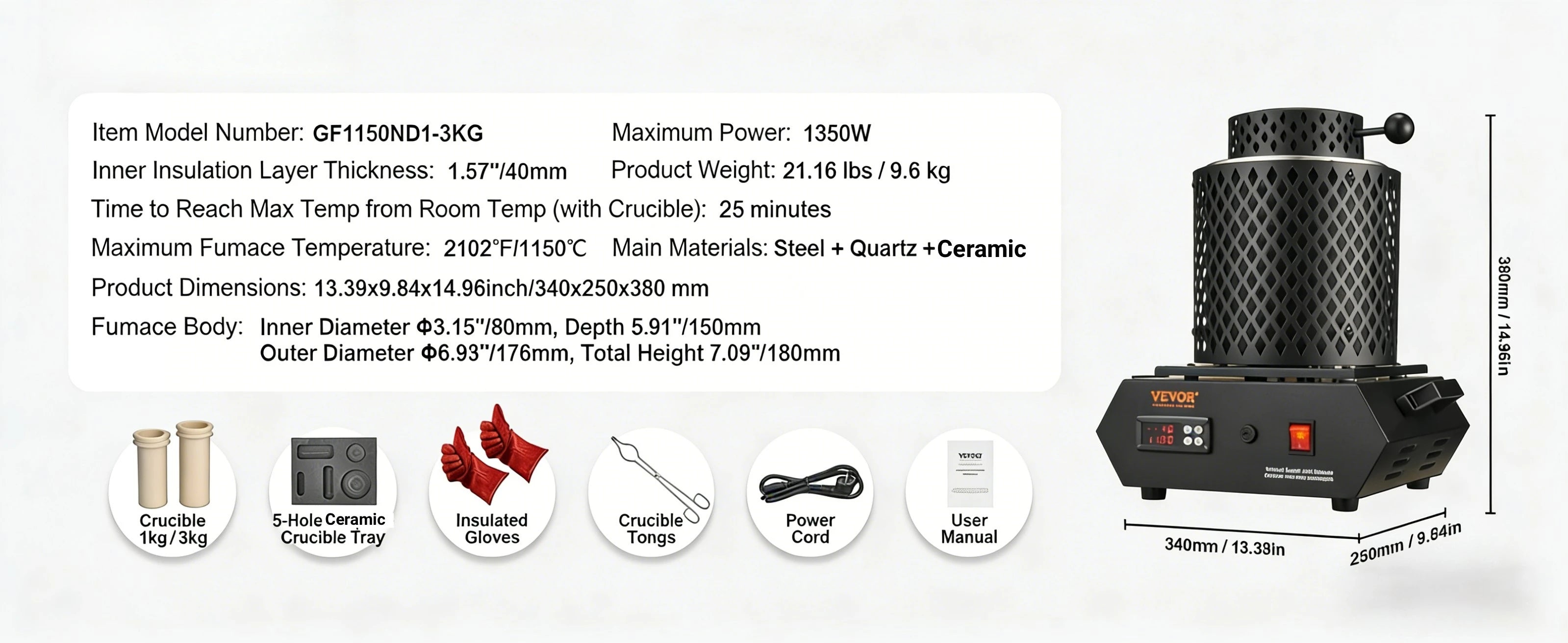 SIHAO 1350W Electric Melting Furnace Portable Metal Melting Furnace Gold Silver and Aluminium Quartz Crucible Equipment Melting