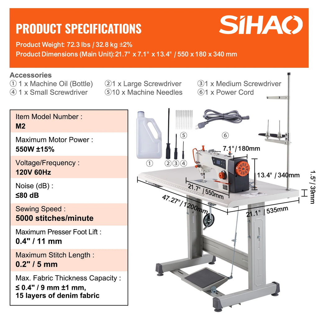 SIHAO 550W Industrial Sewing Machine – Digital Servo Lockstitch, 5000SPM, for Leather & Canvas, with Worktable & Control Panel