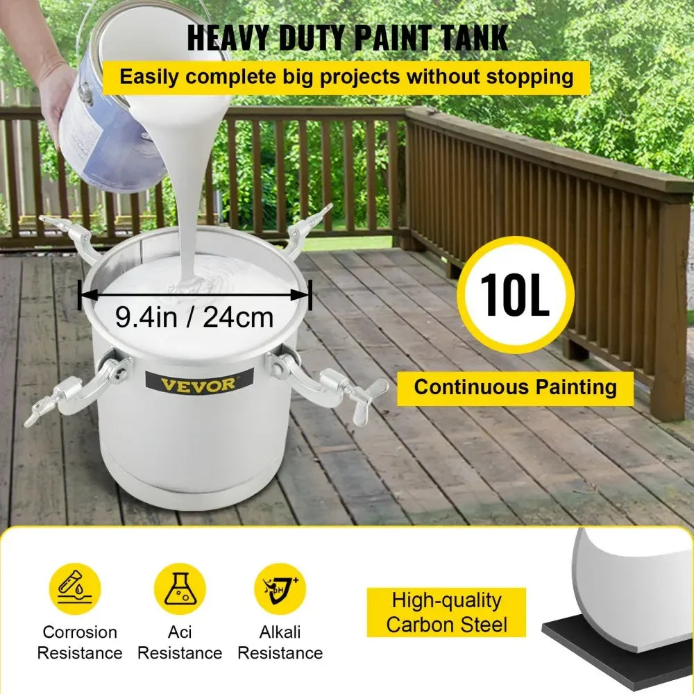 SIHAO 10L/2.6Gal Airless Paint Sprayer – Pressure Pot with Spray Gun & Hose, Heavy Duty for Home & Commercial, Includes 2-Year Warranty