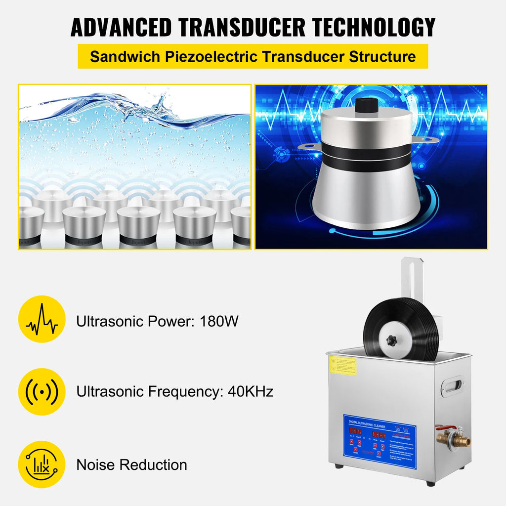 SIHAO 6L Ultrasonic Cleaner 180W Ultrasonic Vinyl Cleaner 7-12 Inch 8 Records Ultrasonic Records Cleaner W/Drying Rack for Home