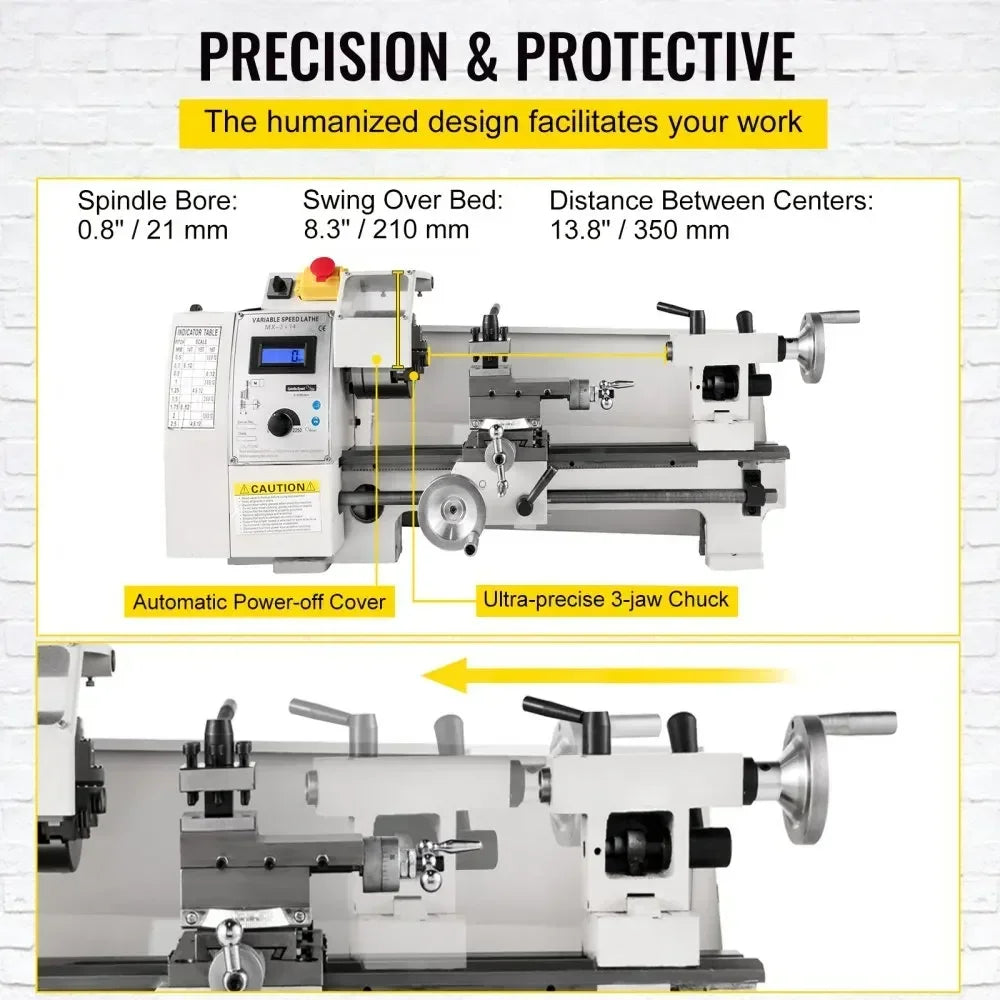 SIHAO Compact Benchtop Metal Lathe 8×14 Inch, Variable‑Speed Hobby Turning Machine, All‑in‑One Metalworking Tool for Turning, Drilling, Threading, Milling DIY Craft Projects
