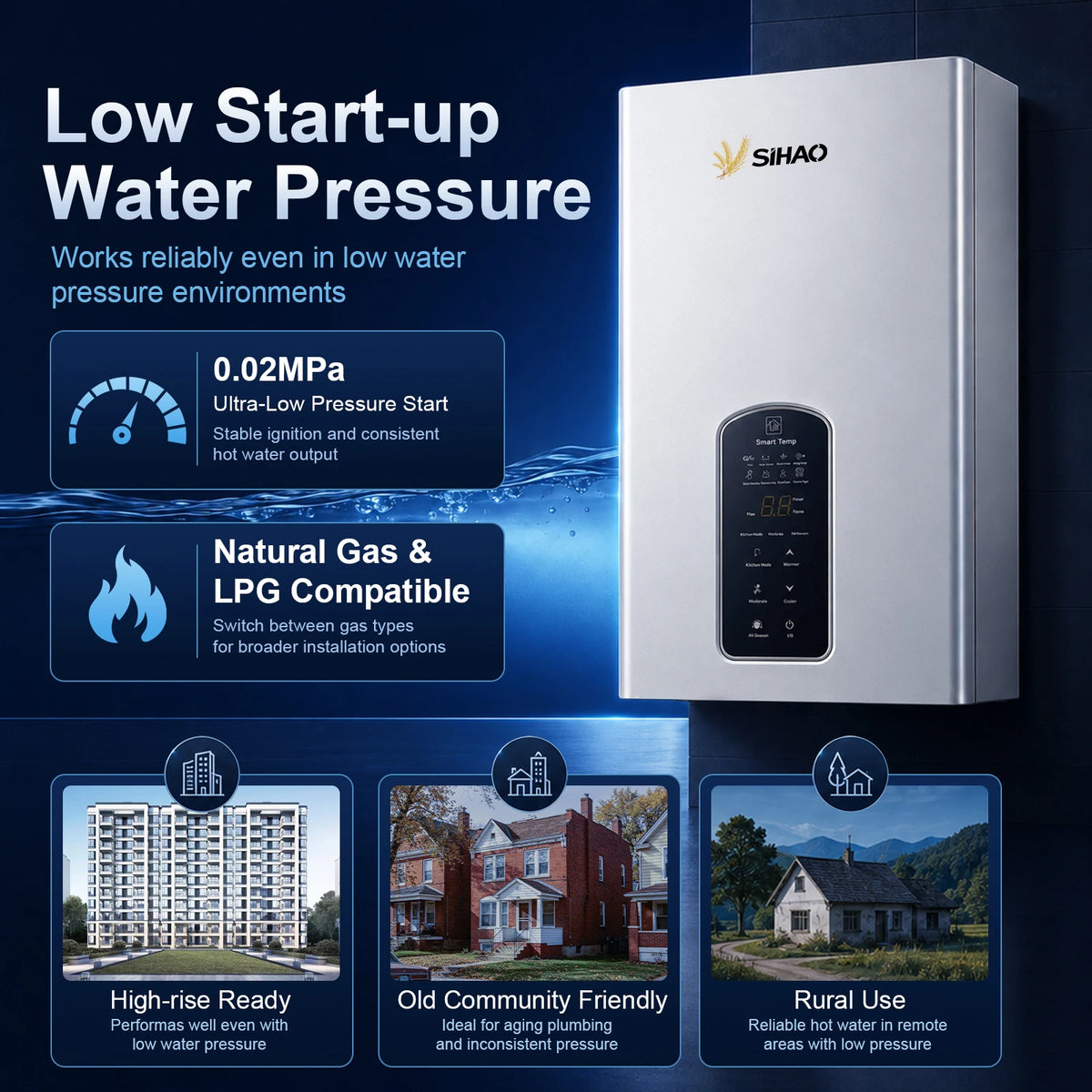 SIHAO 10L 12L 14L Natural Gas Water Heater Forced Exhaust 0.02-1.0MPa Working Pressure AC90-250V 60mm Flue Diameter All Copper Heat Exchanger Touch Control Instant Tankless Hot Water Heater for Home Use