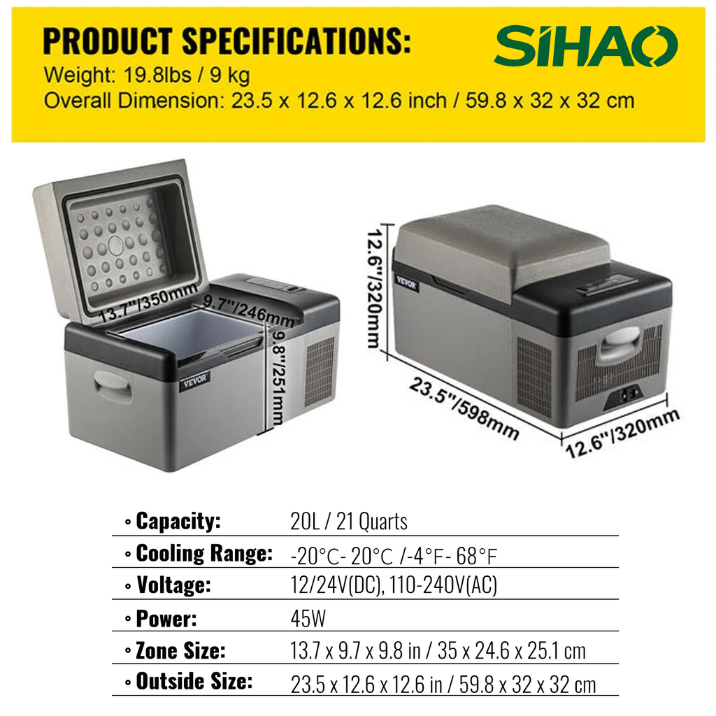 SIHAO Car Refrigerator 20L-55L Mini Fridge Freezer Portable Compressor Cooler 12/24V DC 110-240V Ice Box for Camping Driving