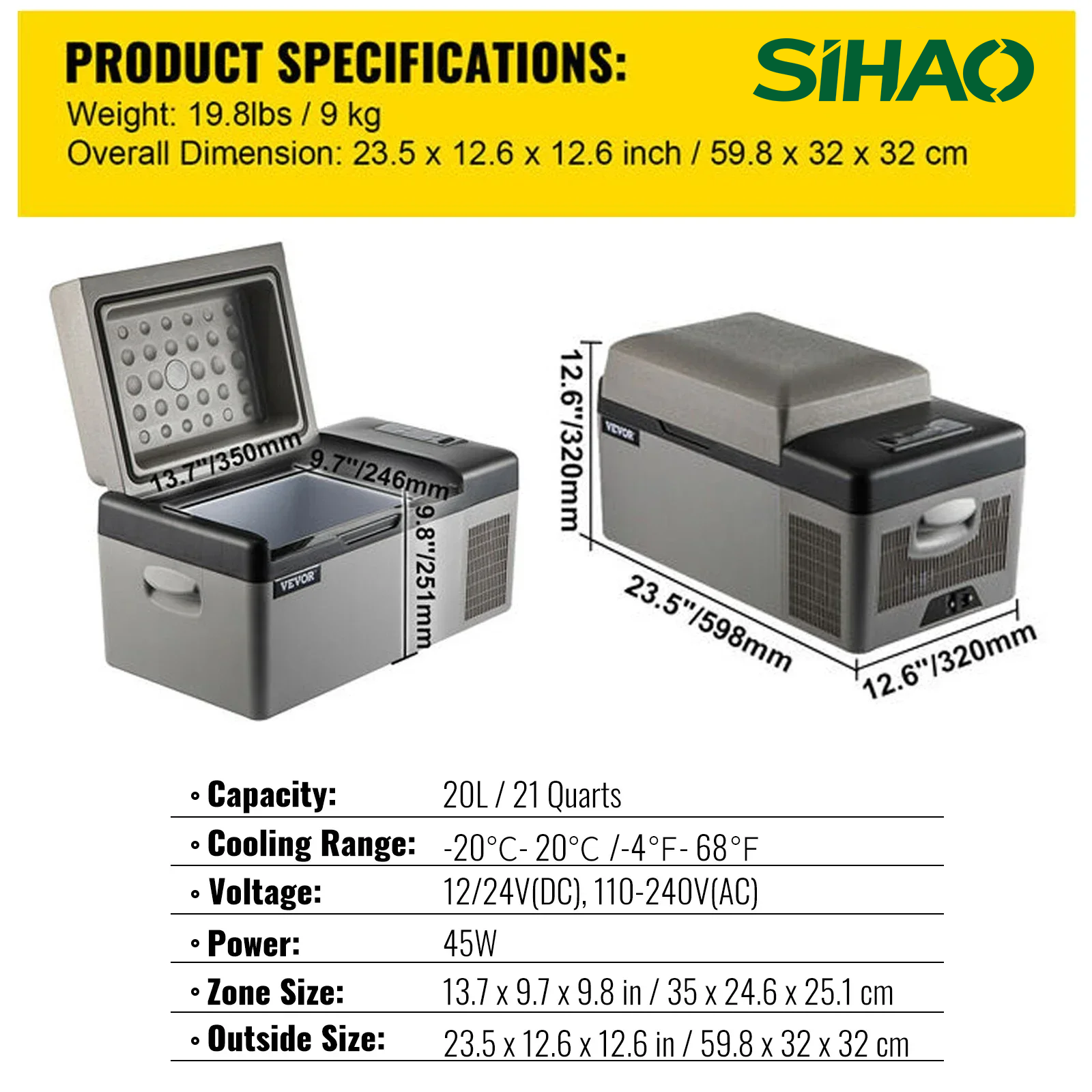 SIHAO Car Refrigerator 20L-55L Mini Fridge Freezer Portable Compressor Cooler 12/24V DC 110-240V Ice Box for Camping Driving