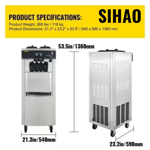 SIHAO Commercial Soft Serve Ice Cream Machine 2200W 20-28L/H - Dual 6L Hoppers for 2 Flavors, Dessert Shops & Bubble Tea Stores