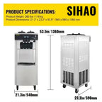SIHAO Commercial Soft Serve Ice Cream Machine 2200W 20-28L/H - Dual 6L Hoppers for 2 Flavors, Dessert Shops & Bubble Tea Stores