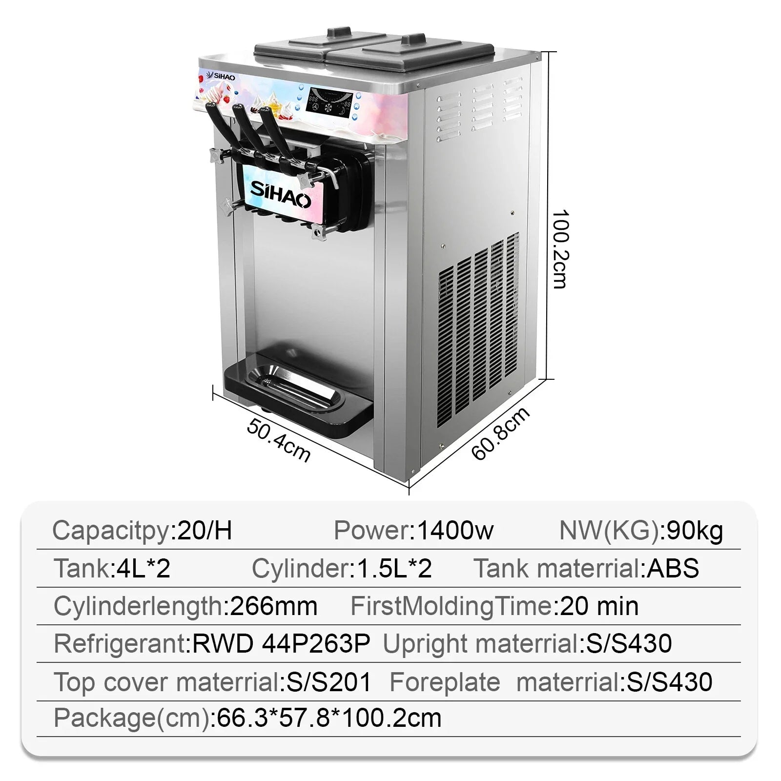 SIHAO Soft Serve Ice Cream Machine Ice Cream Machine 20-28 L/h Ice Cream Machine Ice Cream 3 Flavor