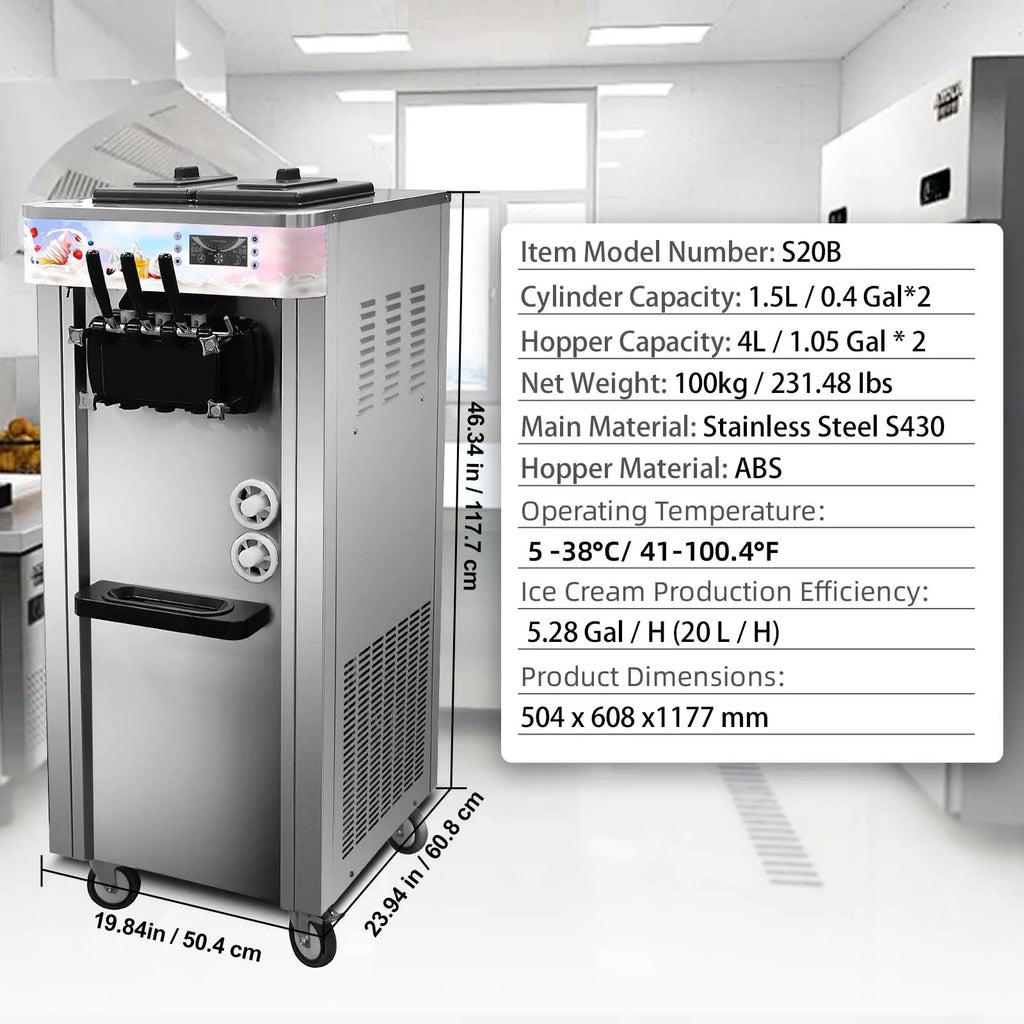 SIHAO Soft Serve Ice Cream Machine Ice Cream Machine 20-28 L/h Ice Cream Machine Ice Cream 3 Flavor