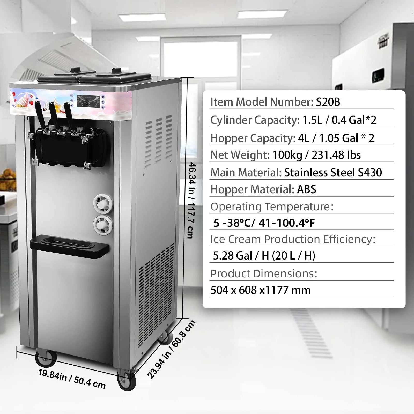 SIHAO Soft Serve Ice Cream Machine Ice Cream Machine 20-28 L/h Ice Cream Machine Ice Cream 3 Flavor