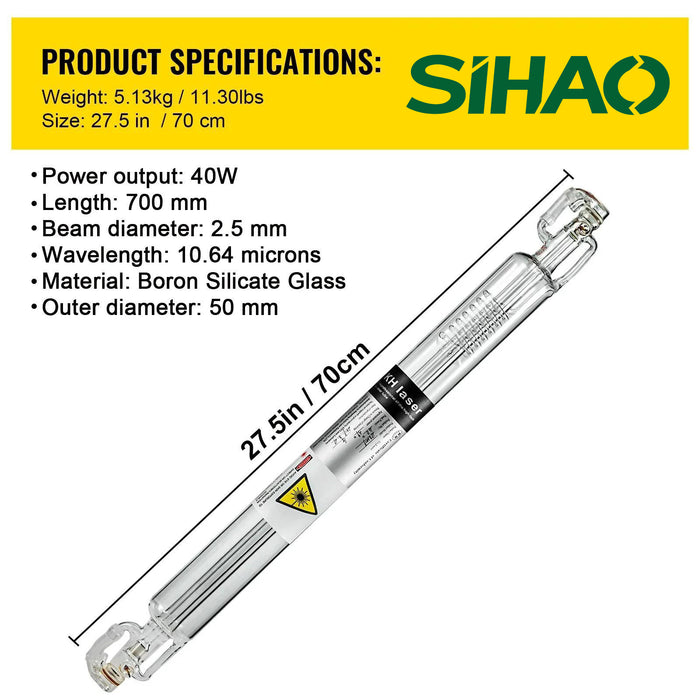 SIHAO CO2 Laser Tube 40W-150W (700-1830mm Length) 80mm Glass Diameter Laser Engraving/Cutting Machine Laser Cutter Parts