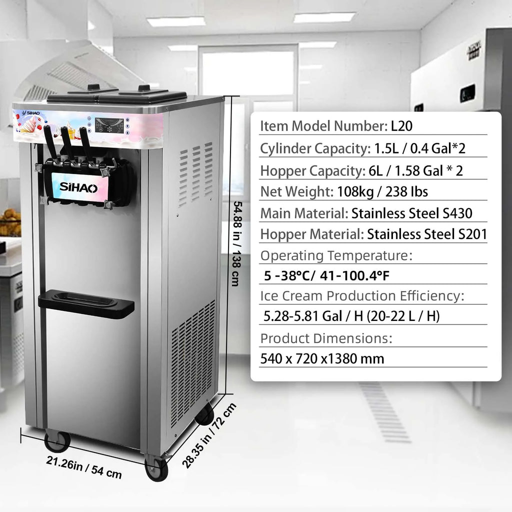 SIHAO Soft Serve Ice Cream Machine Ice Cream Machine 20-28 L/h Ice Cream Machine Ice Cream 3 Flavor