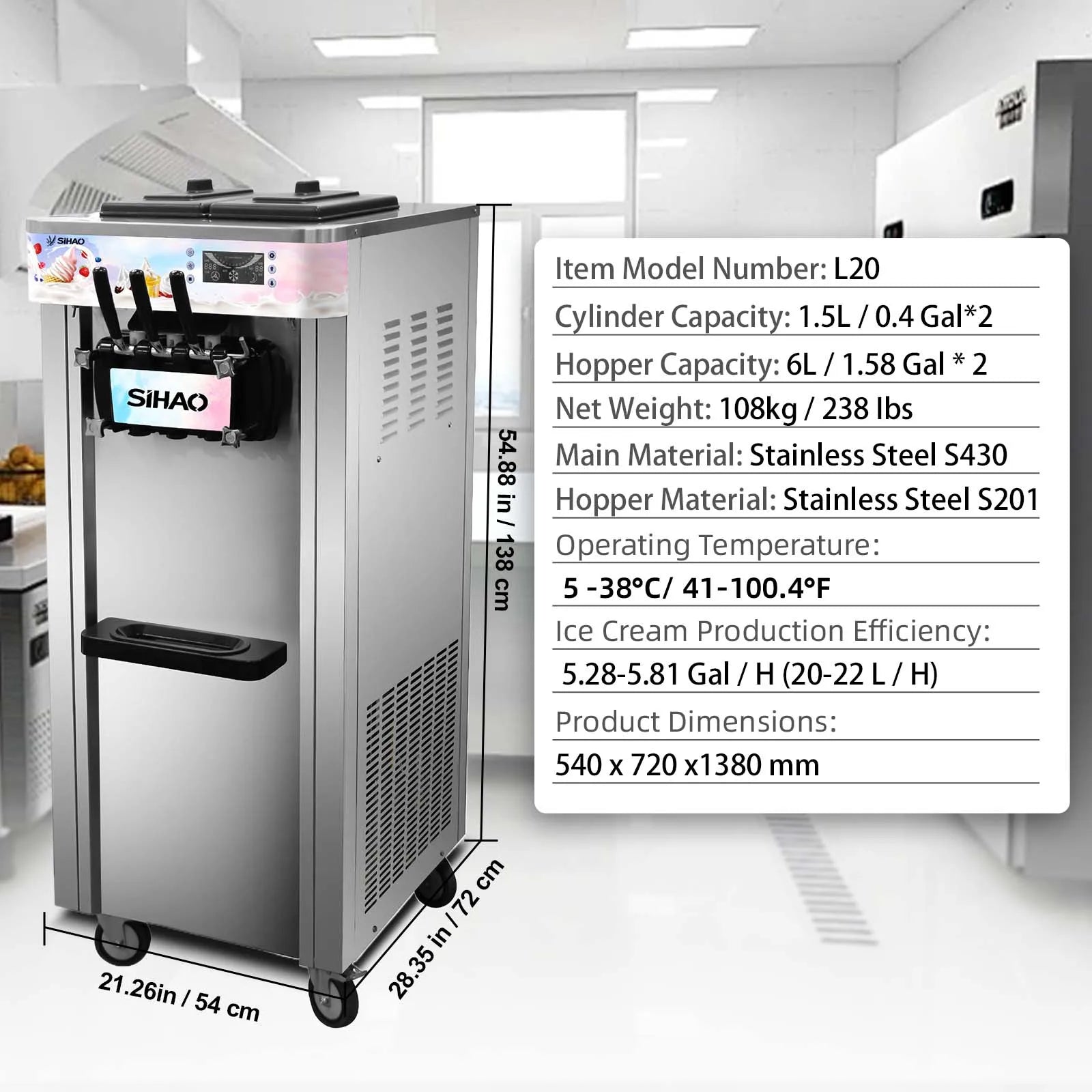 SIHAO Soft Serve Ice Cream Machine Ice Cream Machine 20-28 L/h Ice Cream Machine Ice Cream 3 Flavor