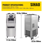 SIHAO Commercial Soft Serve Ice Cream Machine 2200W 20-28L/H - Dual 6L Hoppers for 2 Flavors, Dessert Shops & Bubble Tea Stores
