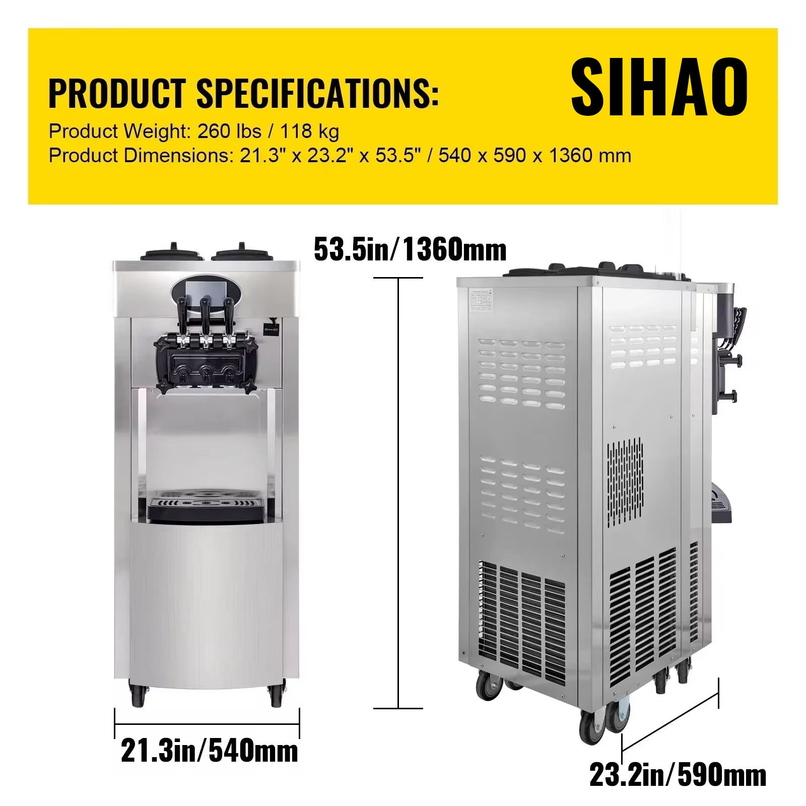 SIHAO Commercial Soft Serve Ice Cream Machine 2200W 20-28L/H - Dual 6L Hoppers for 2 Flavors, Dessert Shops & Bubble Tea Stores