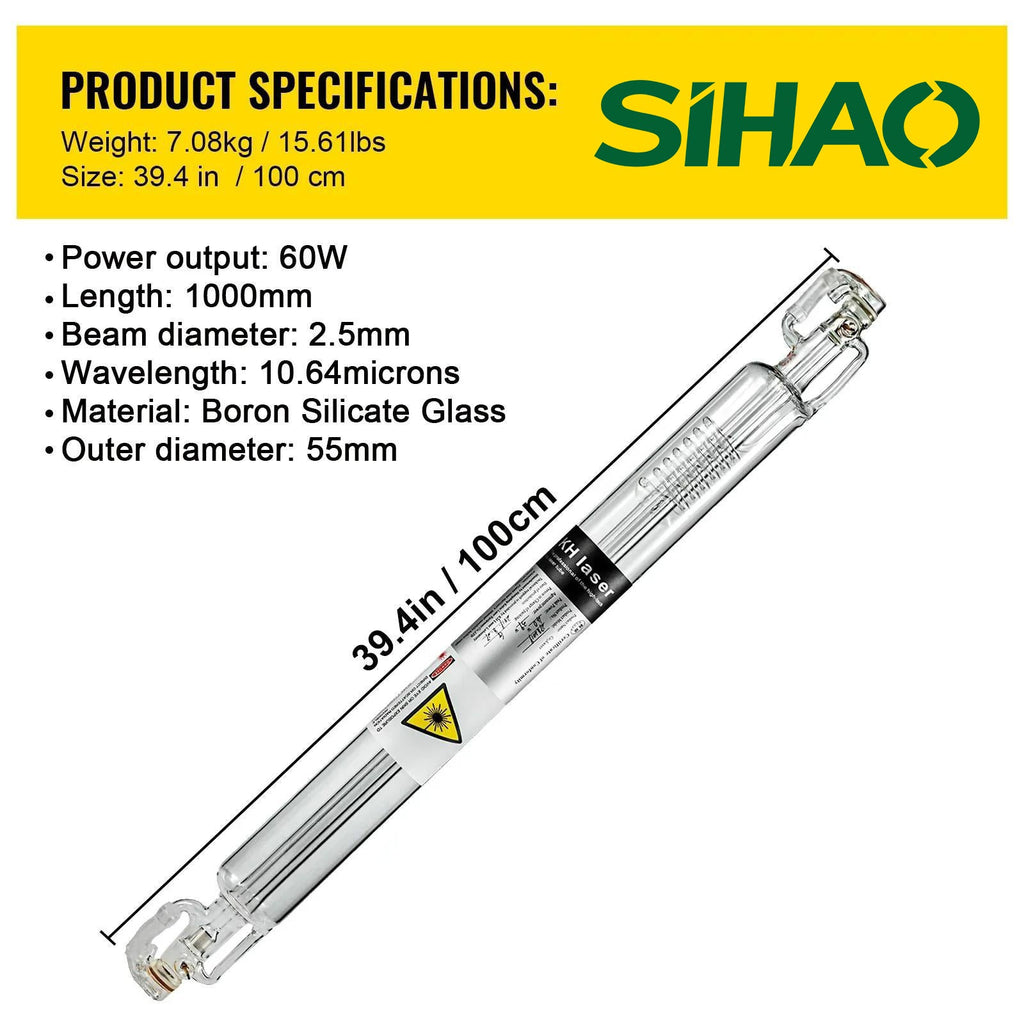 SIHAO CO2 Laser Tube 40W-150W (700-1830mm Length) 80mm Glass Diameter Laser Engraving/Cutting Machine Laser Cutter Parts