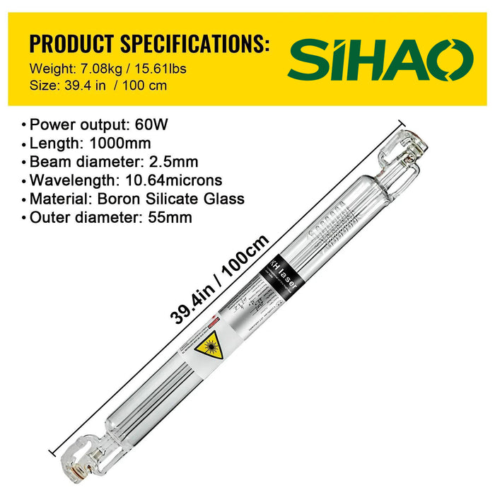 SIHAO CO2 Laser Tube 40W-150W (700-1830mm Length) 80mm Glass Diameter Laser Engraving/Cutting Machine Laser Cutter Parts
